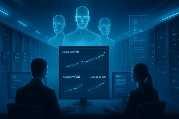 Two analysts monitor growth charts in a futuristic data center with holographic avatars. Two analysts monitor growth charts in a futuristic data center with holographic avatars.