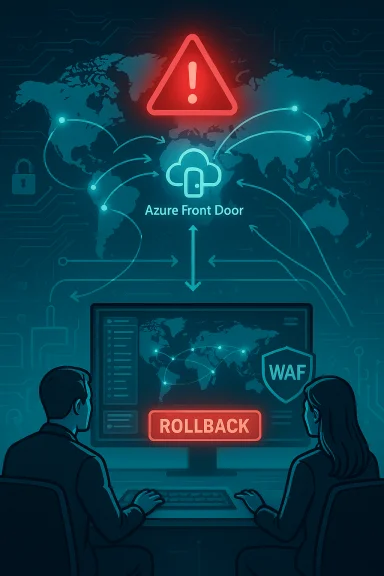 Security analysts monitor Azure Front Door and WAF as a rollback alert flashes. Security analysts monitor Azure Front Door and WAF as a rollback alert flashes.