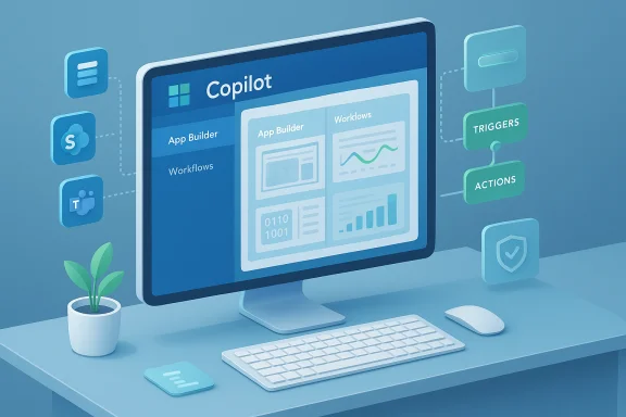 A sleek computer monitor displays Copilot's app builder and workflows UI with floating icons. A sleek computer monitor displays Copilot's app builder and workflows UI with floating icons.