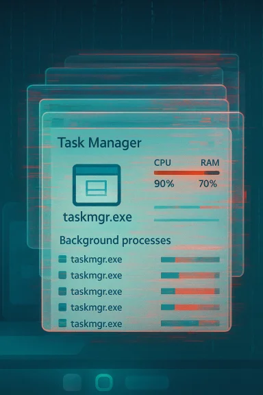Stylized Task Manager UI showing CPU at 90% and RAM at 70% with background tasks. Stylized Task Manager UI showing CPU at 90% and RAM at 70% with background tasks.