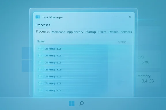 Blue-tinted Windows Task Manager showing multiple taskmgr.exe processes. Blue-tinted Windows Task Manager showing multiple taskmgr.exe processes.