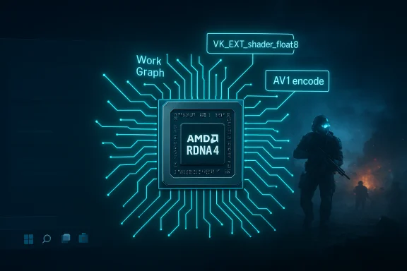 A glowing AMD RDNA4 chip with neon circuitry and labels VK_EXT_shader_float8 and AV1 encode.