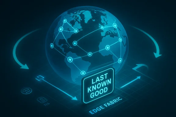 Glowing globe with interconnected network nodes and a Last Known Good edge fabric label. Glowing globe with interconnected network nodes and a Last Known Good edge fabric label.