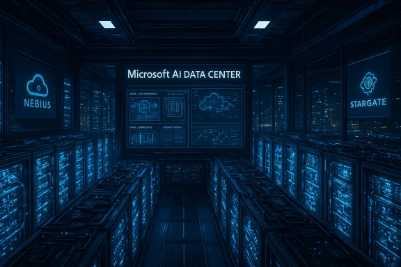 A futuristic AI data center corridor bathed in blue neon with a Microsoft AI Data Center display. A futuristic AI data center corridor bathed in blue neon with a Microsoft AI Data Center display.