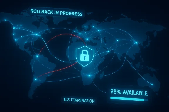 Global cyber network map with a lock shield, rollback in progress, TLS termination, 98% available. Global cyber network map with a lock shield, rollback in progress, TLS termination, 98% available.