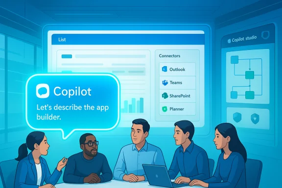 Team discusses Copilot app builder with dashboards and connectors. Team discusses Copilot app builder with dashboards and connectors.