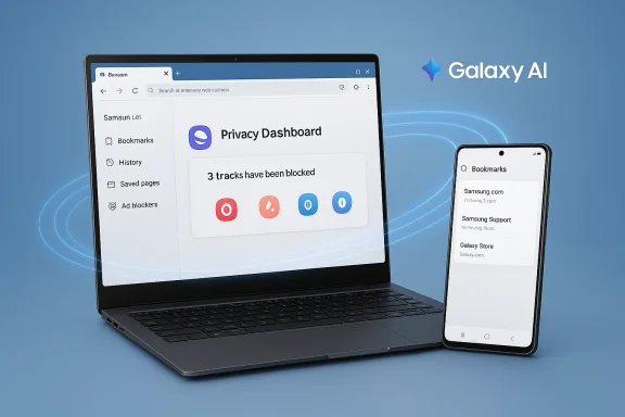 A laptop and smartphone display Galaxy AI Privacy Dashboard with blocked trackers. A laptop and smartphone display Galaxy AI Privacy Dashboard with blocked trackers.