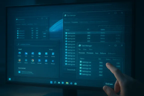 A hand hovers to End Task in Windows Task Manager amid overlapping windows on a blue-tinted monitor. A hand hovers to End Task in Windows Task Manager amid overlapping windows on a blue-tinted monitor.
