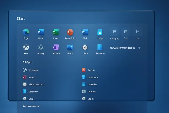 Blue Windows Start menu showing app icons and a 'Show recommendations' toggle. Blue Windows Start menu showing app icons and a 'Show recommendations' toggle.