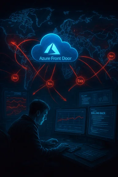 A network analyst monitors Azure Front Door cloud and global traffic on multiple screens. A network analyst monitors Azure Front Door cloud and global traffic on multiple screens.