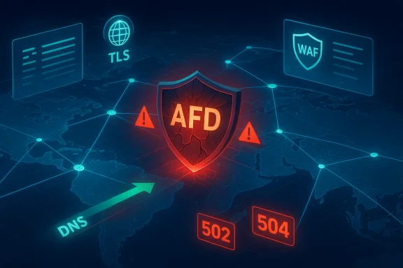 Global cyber defense: glowing shield marked AFD amid DNS, TLS, WAF icons and 502/504 error alerts. Global cyber defense: glowing shield marked AFD amid DNS, TLS, WAF icons and 502/504 error alerts.