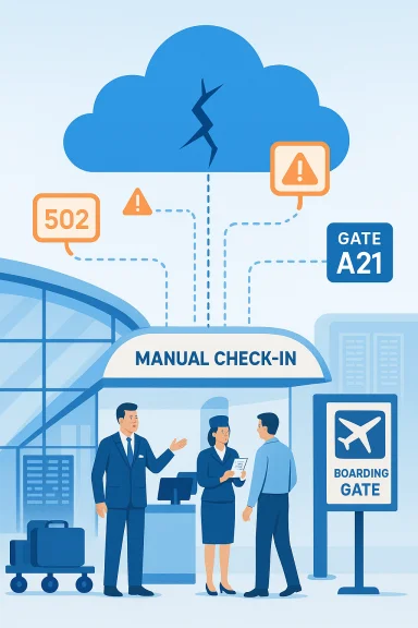 Airport manual check-in at a counter with cloud icons, warning signs, and gate information. Airport manual check-in at a counter with cloud icons, warning signs, and gate information.