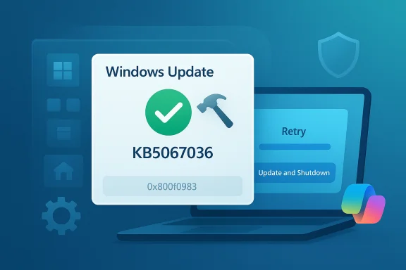 Windows Update card showing KB5067036 with a green checkmark and hammer icon on a laptop screen.