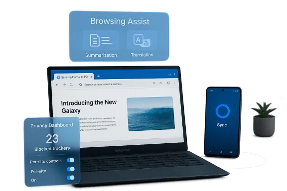 Galaxy laptop and phone with holographic UI for Browsing Assist, Privacy Dashboard, and Sync. Galaxy laptop and phone with holographic UI for Browsing Assist, Privacy Dashboard, and Sync.