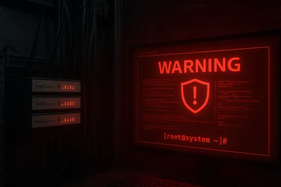 A dark server room with a large red WARNING screen and network equipment. A dark server room with a large red WARNING screen and network equipment.