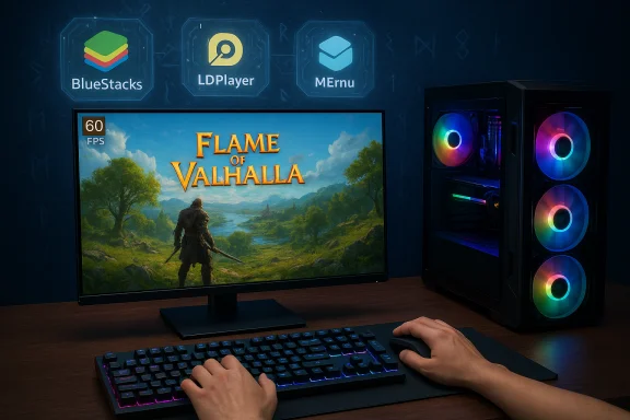 A gaming desk with an RGB-lit PC, a monitor displaying Flame of Valhalla, and hands on the keyboard. A gaming desk with an RGB-lit PC, a monitor displaying Flame of Valhalla, and hands on the keyboard.