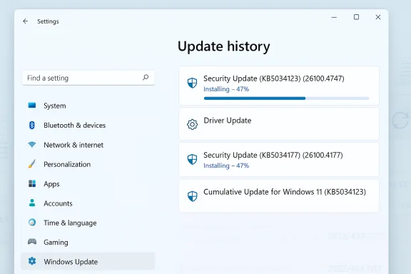 Windows Settings Update history showing security and driver updates in progress with progress bars. Windows Settings Update history showing security and driver updates in progress with progress bars.