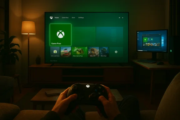 A gamer sits in a cozy living room, playing Xbox Game Pass on a large TV with a controller. A gamer sits in a cozy living room, playing Xbox Game Pass on a large TV with a controller.
