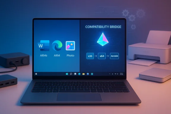 Laptop screen shows a 'Compatibility Bridge' panel with ARM and Word icons. Laptop screen shows a 'Compatibility Bridge' panel with ARM and Word icons.