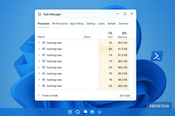 Windows Task Manager showing multiple taskmgr.exe processes on Windows 11. Windows Task Manager showing multiple taskmgr.exe processes on Windows 11.