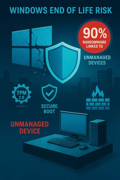Poster highlights Windows end-of-life risk and 90% ransomware on unmanaged devices. Poster highlights Windows end-of-life risk and 90% ransomware on unmanaged devices.