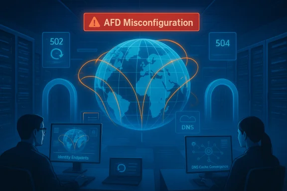 AFD Misconfiguration alert over a globe linked by orange network lines in a data center. AFD Misconfiguration alert over a globe linked by orange network lines in a data center.