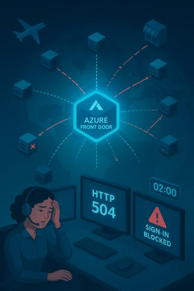 Azure Front Door hub connects global servers; user sees HTTP 504 and sign-in blocked. Azure Front Door hub connects global servers; user sees HTTP 504 and sign-in blocked.