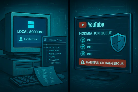 Split-screen: left shows a local Windows account; right shows YouTube moderation queue with bots and a warning. Split-screen: left shows a local Windows account; right shows YouTube moderation queue with bots and a warning.