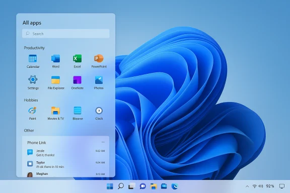Windows 11 Start Menu overlay of apps on a blue abstract wallpaper. Windows 11 Start Menu overlay of apps on a blue abstract wallpaper.