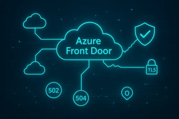 Neon cloud diagram of Azure Front Door with TLS shield and 502/504 status icons. Neon cloud diagram of Azure Front Door with TLS shield and 502/504 status icons.