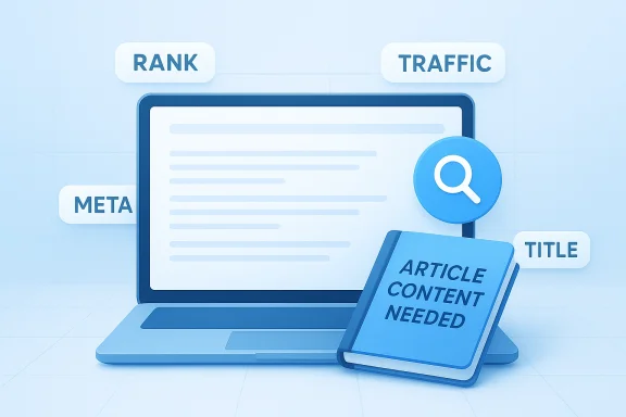 Blue 3D laptop with a magnifying glass and a book titled 'Article Content Needed' amid SEO tags.