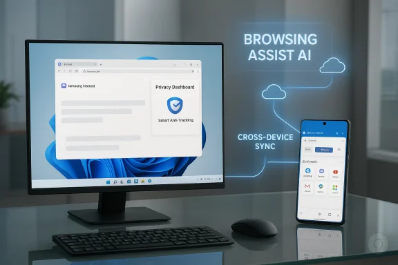 Desktop monitor and smartphone showcasing an AI browsing assistant with privacy dashboard and cross-device sync. Desktop monitor and smartphone showcasing an AI browsing assistant with privacy dashboard and cross-device sync.