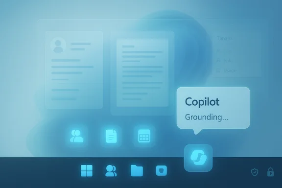 Blue-tinted UI with translucent panels and a Copilot grounding message. Blue-tinted UI with translucent panels and a Copilot grounding message.