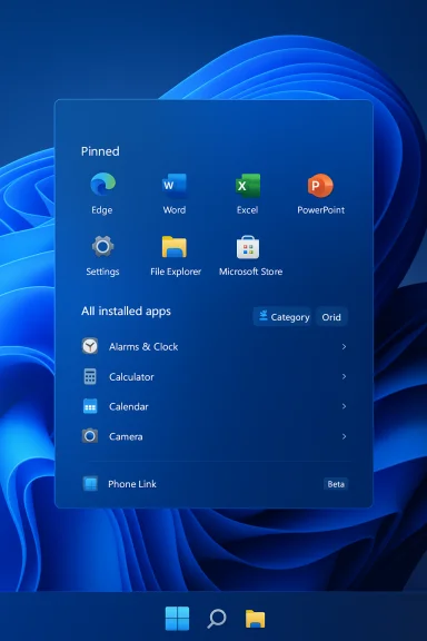 Windows 11-style Start Menu showing pinned apps and an All apps list. Windows 11-style Start Menu showing pinned apps and an All apps list.