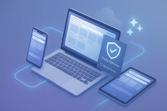 A laptop, smartphone, and tablet display a Privacy Dashboard shield, signaling online privacy. A laptop, smartphone, and tablet display a Privacy Dashboard shield, signaling online privacy.