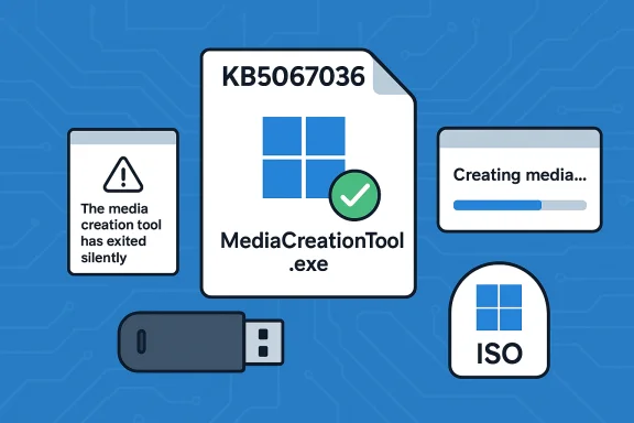 Illustration of Windows Media Creation Tool workflow with errors, progress, ISO, and USB options. Illustration of Windows Media Creation Tool workflow with errors, progress, ISO, and USB options.