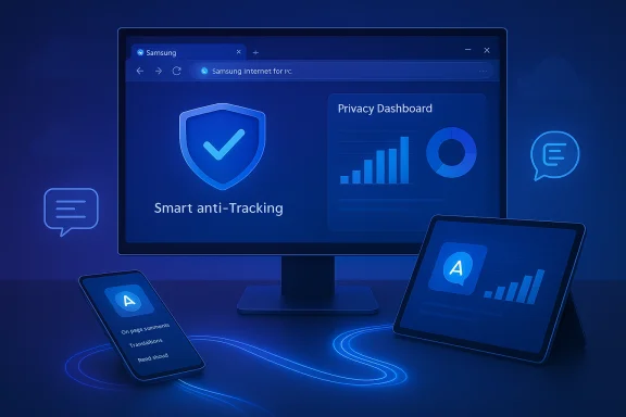 Blue Samsung privacy dashboard scene with smart anti-tracking across monitor, tablet, and phone. Blue Samsung privacy dashboard scene with smart anti-tracking across monitor, tablet, and phone.
