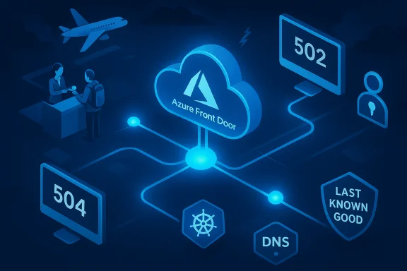 Azure Front Door cloud network diagram illustrating 502/504 errors with DNS, Kubernetes, and Last Known Good icons. Azure Front Door cloud network diagram illustrating 502/504 errors with DNS, Kubernetes, and Last Known Good icons.