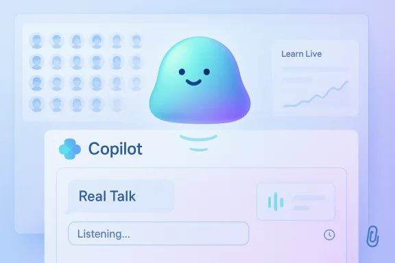 A pastel Copilot UI with a friendly gradient mascot and a 'Real Talk' chat panel. A pastel Copilot UI with a friendly gradient mascot and a 'Real Talk' chat panel.