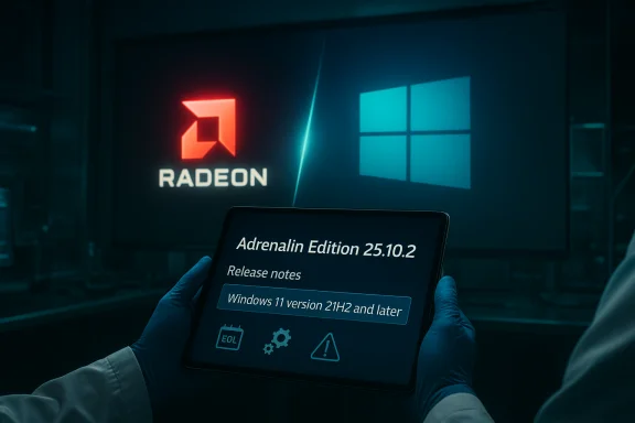 Gloved hands hold a tablet displaying Adrenalin Edition 25.10.2 release notes, with Radeon and Windows logos. Gloved hands hold a tablet displaying Adrenalin Edition 25.10.2 release notes, with Radeon and Windows logos.