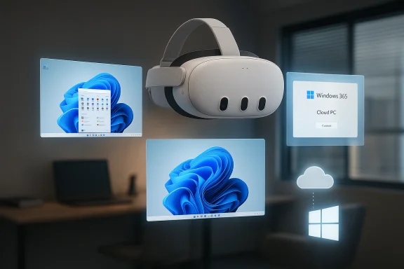 A white VR headset floats among holographic Windows 11 screens in a modern office. A white VR headset floats among holographic Windows 11 screens in a modern office.