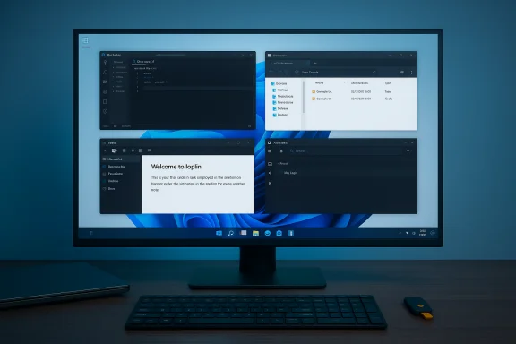 Desktop monitor with four dark-themed windows open on a blue Windows wallpaper, on a desk with a keyboard. Desktop monitor with four dark-themed windows open on a blue Windows wallpaper, on a desk with a keyboard.