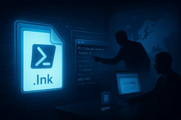 Blue-tinted scene of two professionals at screens as a large glowing .Ink file icon dominates. Blue-tinted scene of two professionals at screens as a large glowing .Ink file icon dominates.