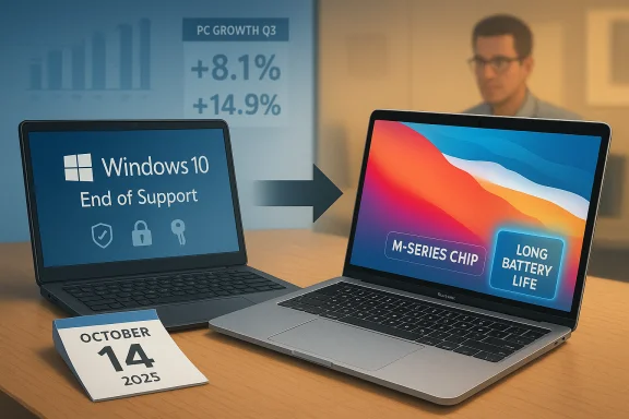 Two laptops depict Windows 10 End of Support transitioning to an M-Series chip with long battery life. Two laptops depict Windows 10 End of Support transitioning to an M-Series chip with long battery life.