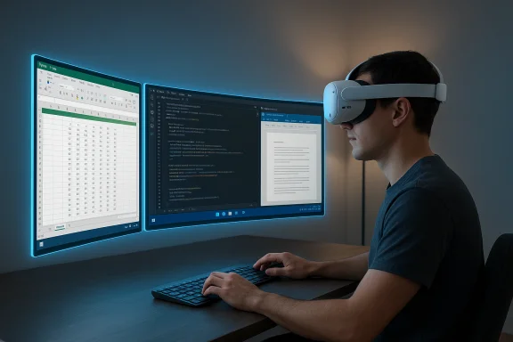 A person wearing a VR headset works at a desk with two monitors showing code and a spreadsheet. A person wearing a VR headset works at a desk with two monitors showing code and a spreadsheet.
