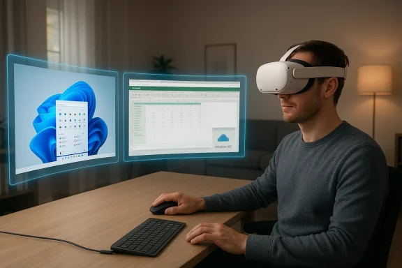 Man wearing a VR headset uses floating holographic monitors at his desk. Man wearing a VR headset uses floating holographic monitors at his desk.