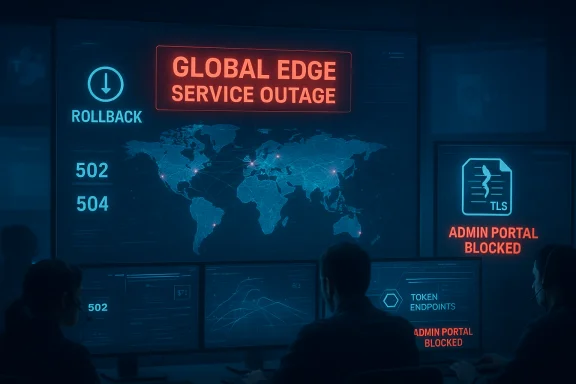 Global edge service outage dashboard showing rollback, world map, and admin portals blocked. Global edge service outage dashboard showing rollback, world map, and admin portals blocked.