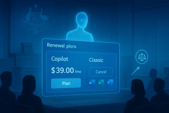 Blue holographic pricing board floats in a courtroom, showing Copilot renewal plans at $39/mo. Blue holographic pricing board floats in a courtroom, showing Copilot renewal plans at $39/mo.