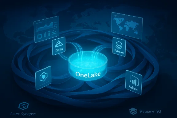 OneLake: a blue-glow data lake hub connecting Delta, Parquet, Fabric with Azure Synapse and Power BI. OneLake: a blue-glow data lake hub connecting Delta, Parquet, Fabric with Azure Synapse and Power BI.