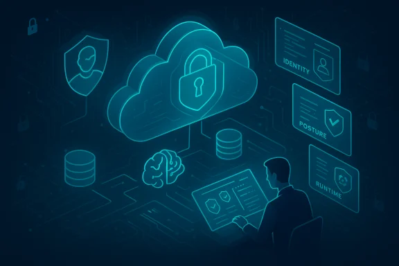 Neon-blue cloud security illustration with a lock, data stacks, a brain, and a person at a control panel. Neon-blue cloud security illustration with a lock, data stacks, a brain, and a person at a control panel.